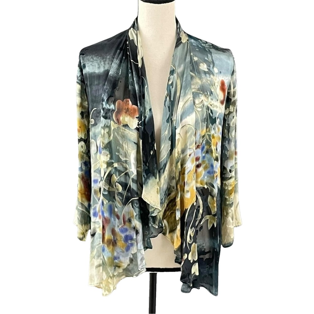 Citron Santa Monica Watercolor Silky Open Front Kimono Top Womens XS Artsy Boho